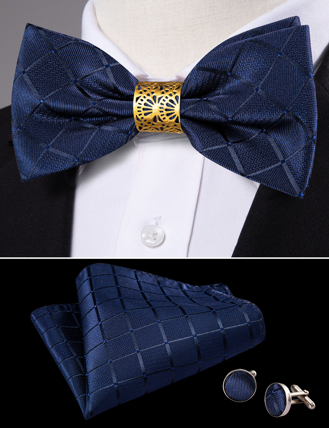 Deep Blue Plaid Bow Tie Set bow ties    - Sophisticated Gentlemen