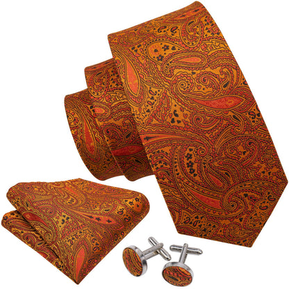 Golden Paisley Silk Tie, Pocket Square and Cufflinks Set tie sets    - Sophisticated Gentlemen