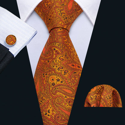 Golden Paisley Silk Tie, Pocket Square and Cufflinks Set tie sets    - Sophisticated Gentlemen