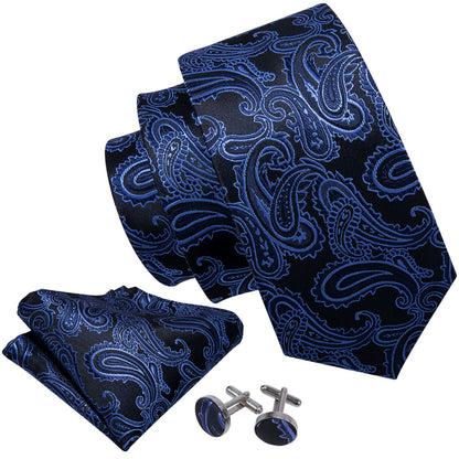 Dark Blue Black Paisley Tie, Pocket Square and Cufflinks Set tie sets    - Sophisticated Gentlemen