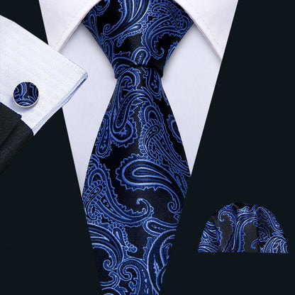 Dark Blue Black Paisley Tie, Pocket Square and Cufflinks Set tie sets    - Sophisticated Gentlemen