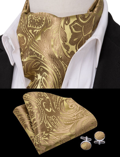 Gold Brown Paisley Floral Ascot, Pocket Square and Cufflinks ascot    - Sophisticated Gentlemen