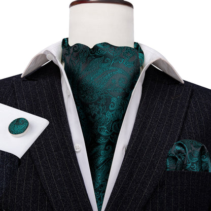 Black Dark Green Paisley Silk Ascot, Pocket Square and Cufflinks ascot    - Sophisticated Gentlemen