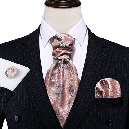 Pink Silver Paisley Silk Ascot, Pocket Square and Cufflinks ascot    - Sophisticated Gentlemen