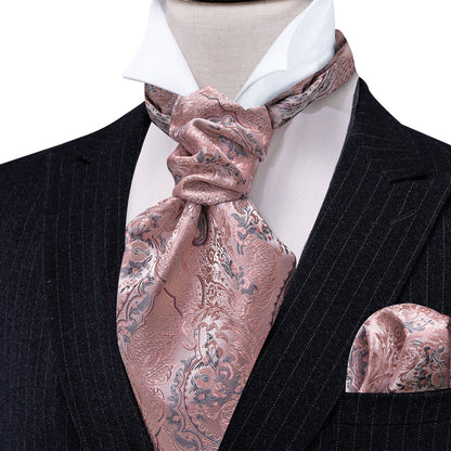 Pink Silver Paisley Silk Ascot, Pocket Square and Cufflinks ascot    - Sophisticated Gentlemen