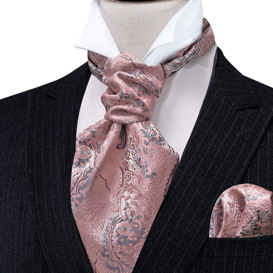 Pink Silver Paisley Silk Ascot, Pocket Square and Cufflinks ascot    - Sophisticated Gentlemen