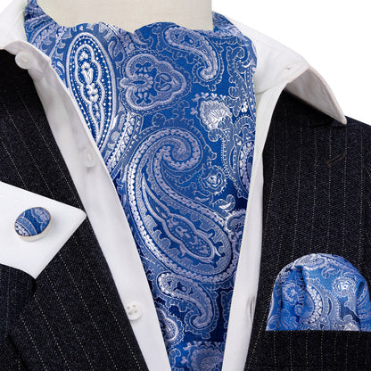 Blue Paisley Silk Ascot, Pocket Square and Cufflinks ascot    - Sophisticated Gentlemen
