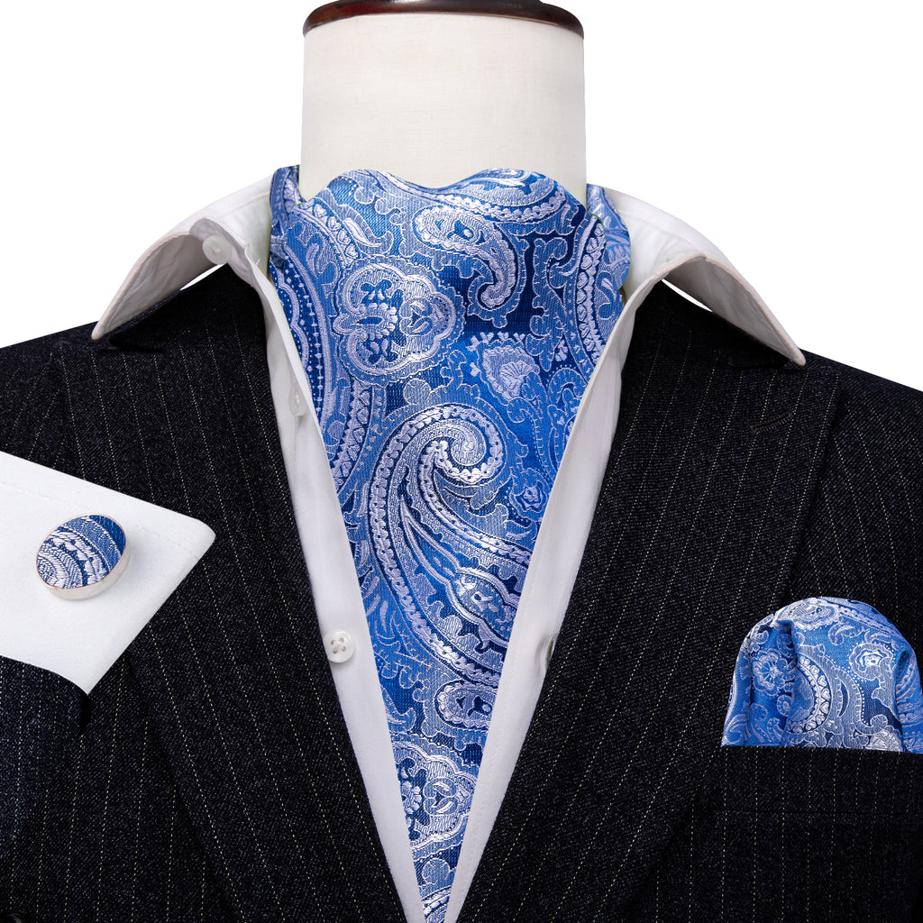 Blue Paisley Silk Ascot, Pocket Square and Cufflinks ascot    - Sophisticated Gentlemen