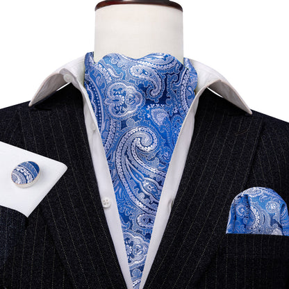 Blue Paisley Silk Ascot, Pocket Square and Cufflinks ascot    - Sophisticated Gentlemen