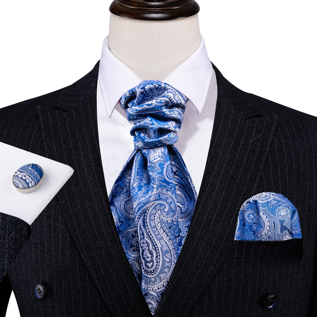 Blue Paisley Silk Ascot, Pocket Square and Cufflinks ascot    - Sophisticated Gentlemen
