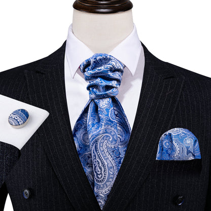 Blue Paisley Silk Ascot, Pocket Square and Cufflinks ascot    - Sophisticated Gentlemen