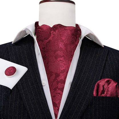 Red Paisley Silk Ascot, Pocket Square and Cufflinks ascot    - Sophisticated Gentlemen