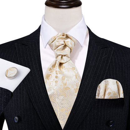White Floral Silk Ascot, Pocket Square and Cufflinks ascot    - Sophisticated Gentlemen