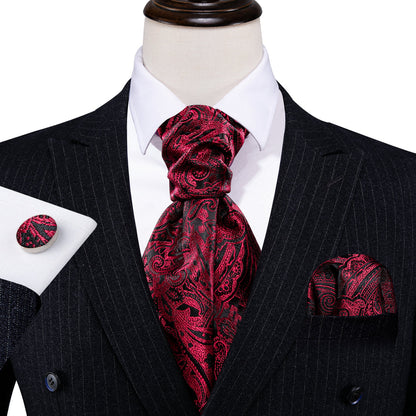 Black Red Paisley Silk Ascot, Pocket Square and Cufflinks ascot    - Sophisticated Gentlemen