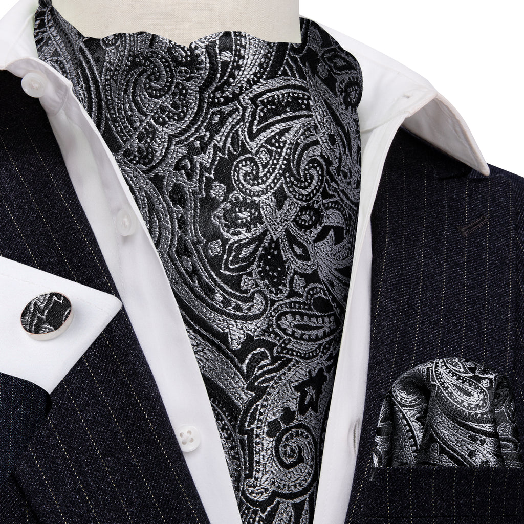 Black Gray Paisley Silk Ascot, Pocket Square and Cufflinks ascot    - Sophisticated Gentlemen