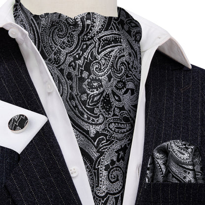 Black Gray Paisley Silk Ascot, Pocket Square and Cufflinks ascot    - Sophisticated Gentlemen