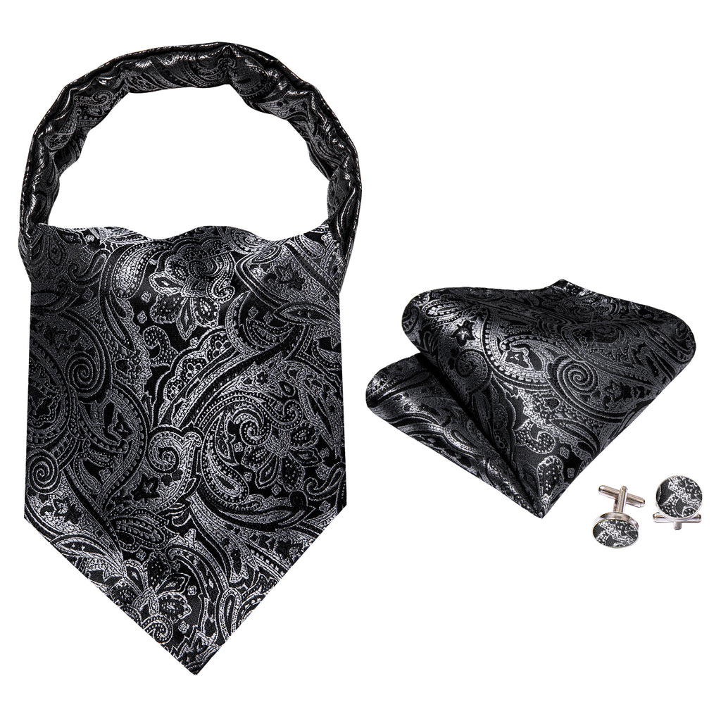 Black Gray Paisley Silk Ascot, Pocket Square and Cufflinks ascot    - Sophisticated Gentlemen