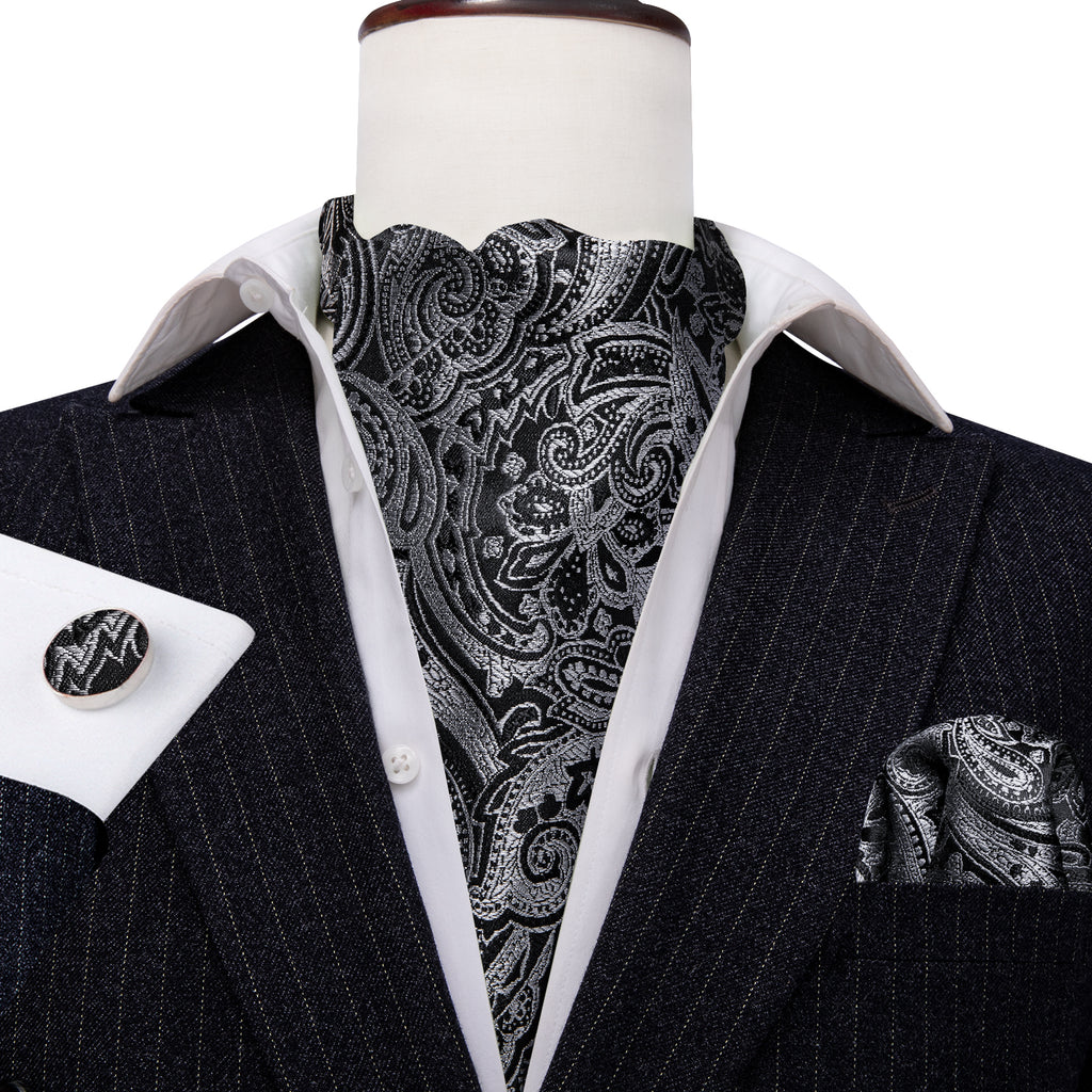 Black Gray Paisley Silk Ascot, Pocket Square and Cufflinks ascot    - Sophisticated Gentlemen