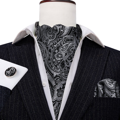Black Gray Paisley Silk Ascot, Pocket Square and Cufflinks ascot    - Sophisticated Gentlemen