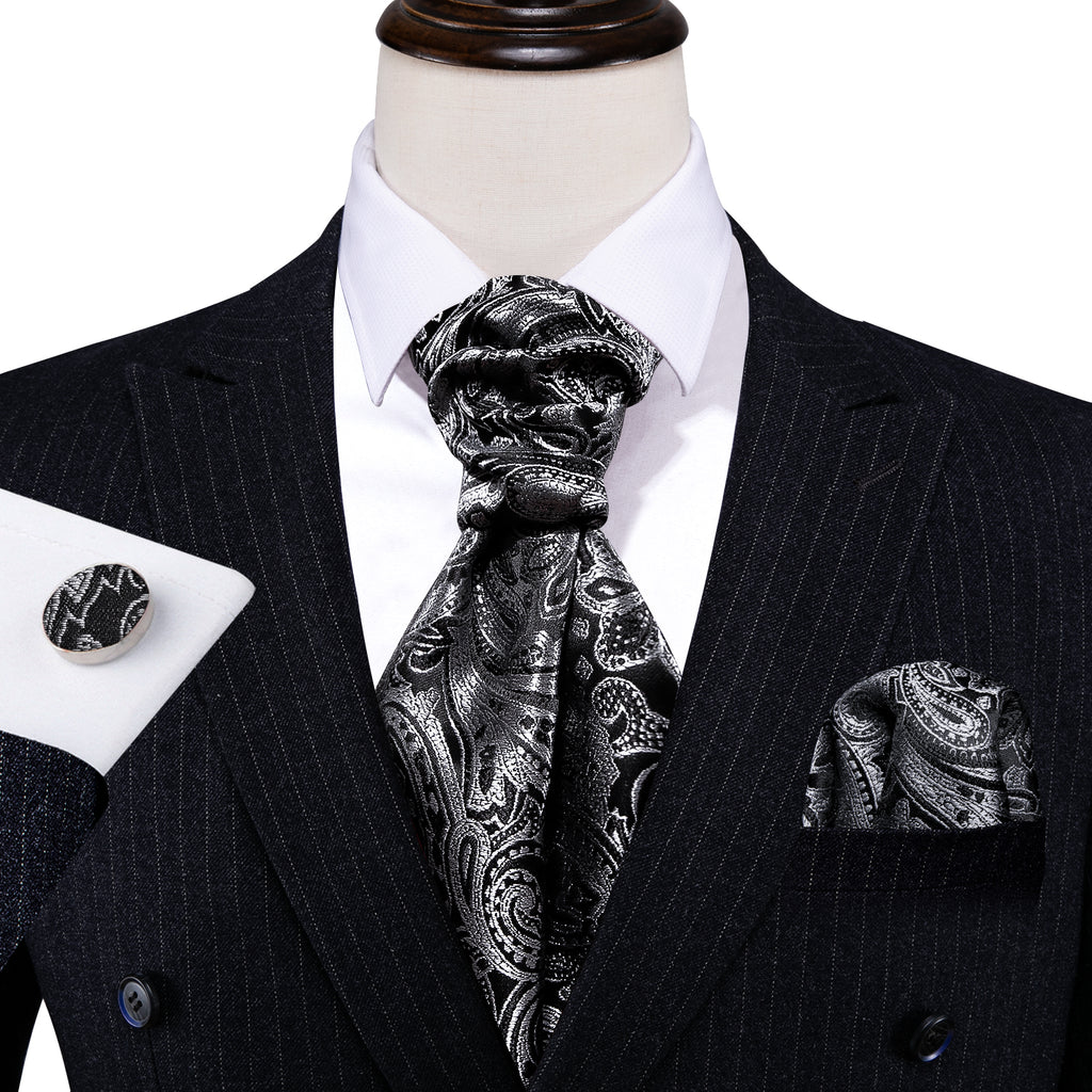 Black Gray Paisley Silk Ascot, Pocket Square and Cufflinks ascot    - Sophisticated Gentlemen