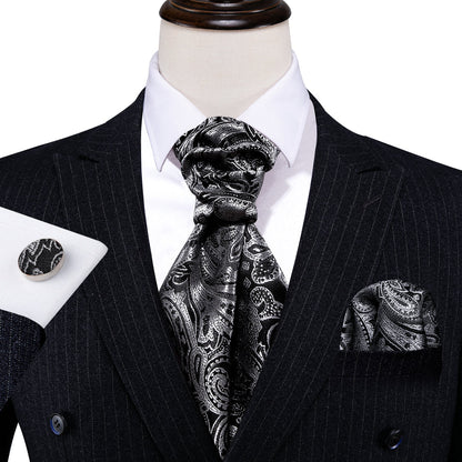 Black Gray Paisley Silk Ascot, Pocket Square and Cufflinks ascot    - Sophisticated Gentlemen