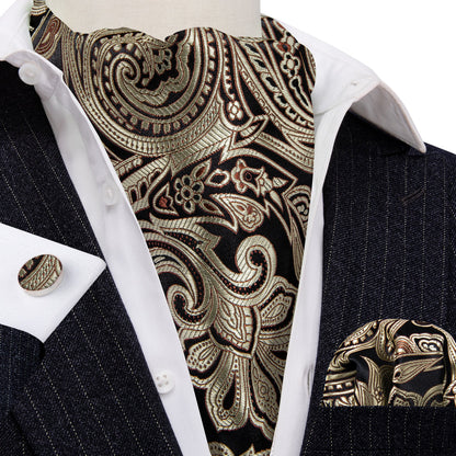 Gold Black Silk Paisley Ascot, Pocket Square and Cufflinks ascot    - Sophisticated Gentlemen