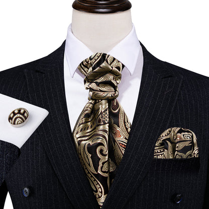 Gold Black Silk Paisley Ascot, Pocket Square and Cufflinks ascot    - Sophisticated Gentlemen