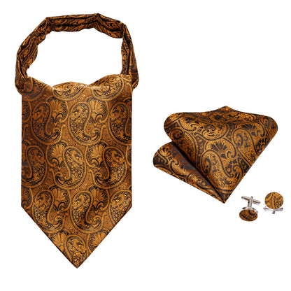 Gold Brown Silk Paisley Ascot, Pocket Square and Cufflinks ascot    - Sophisticated Gentlemen