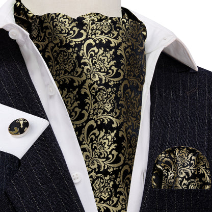 Black Gold Silk Paisley Ascot, Pocket Square and Cufflinks ascot    - Sophisticated Gentlemen