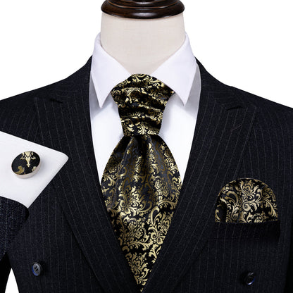 Black Gold Silk Paisley Ascot, Pocket Square and Cufflinks ascot    - Sophisticated Gentlemen