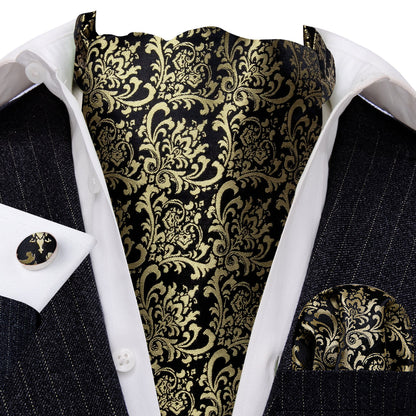 Black Gold Silk Paisley Ascot, Pocket Square and Cufflinks ascot    - Sophisticated Gentlemen