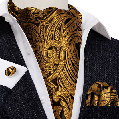 Gold Silk Paisley Ascot, Pocket Square and Cufflinks ascot    - Sophisticated Gentlemen