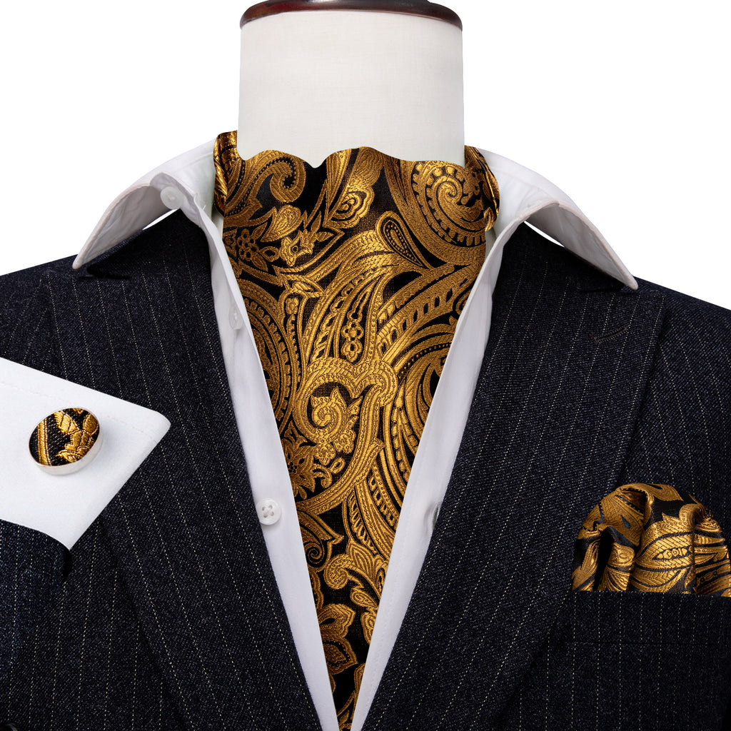 Gold Silk Paisley Ascot, Pocket Square and Cufflinks ascot    - Sophisticated Gentlemen