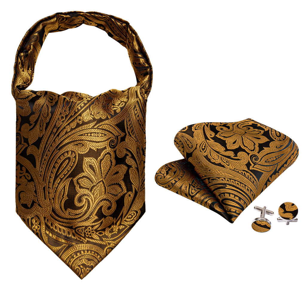 Gold Silk Paisley Ascot, Pocket Square and Cufflinks ascot    - Sophisticated Gentlemen