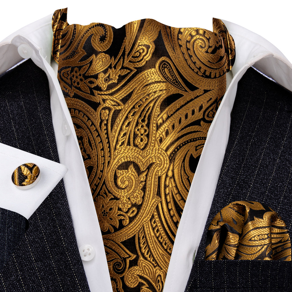 Gold Silk Paisley Ascot, Pocket Square and Cufflinks ascot    - Sophisticated Gentlemen