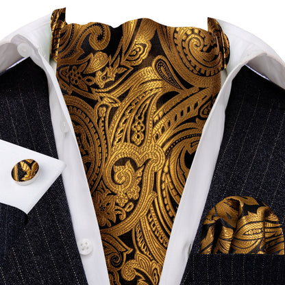 Gold Silk Paisley Ascot, Pocket Square and Cufflinks ascot    - Sophisticated Gentlemen