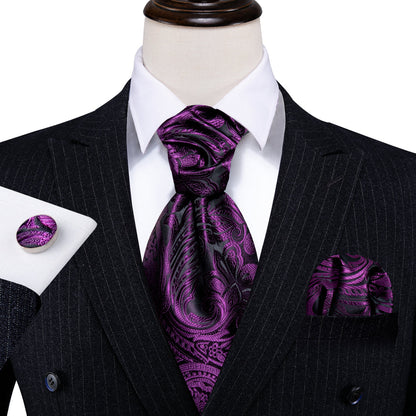 Purple Black Silk Paisley Ascot, Pocket Square and Cufflinks ascot    - Sophisticated Gentlemen