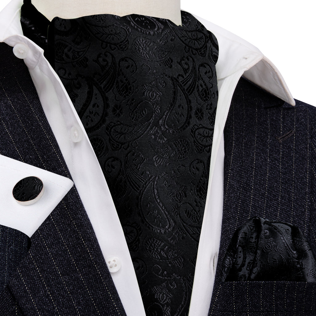 Black Paisley Ascot, Pocket Square and Cufflinks ascot    - Sophisticated Gentlemen
