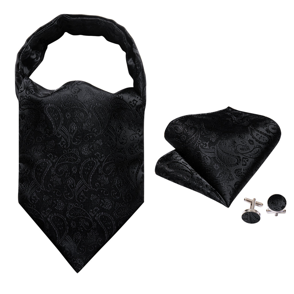 Black Paisley Ascot, Pocket Square and Cufflinks ascot    - Sophisticated Gentlemen