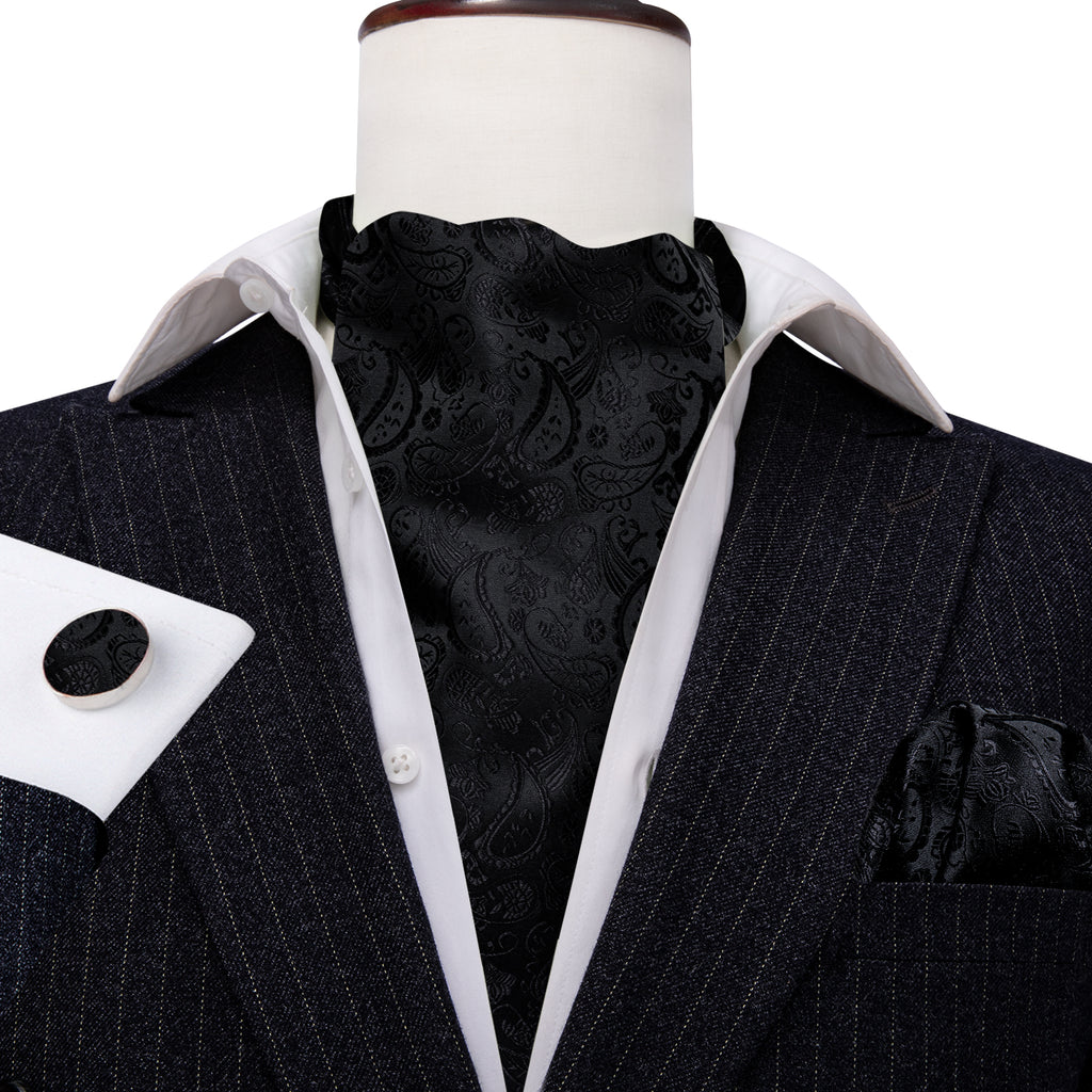 Black Paisley Ascot, Pocket Square and Cufflinks ascot    - Sophisticated Gentlemen