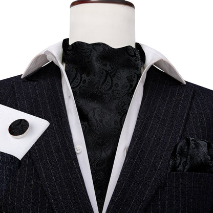Black Paisley Ascot, Pocket Square and Cufflinks ascot    - Sophisticated Gentlemen