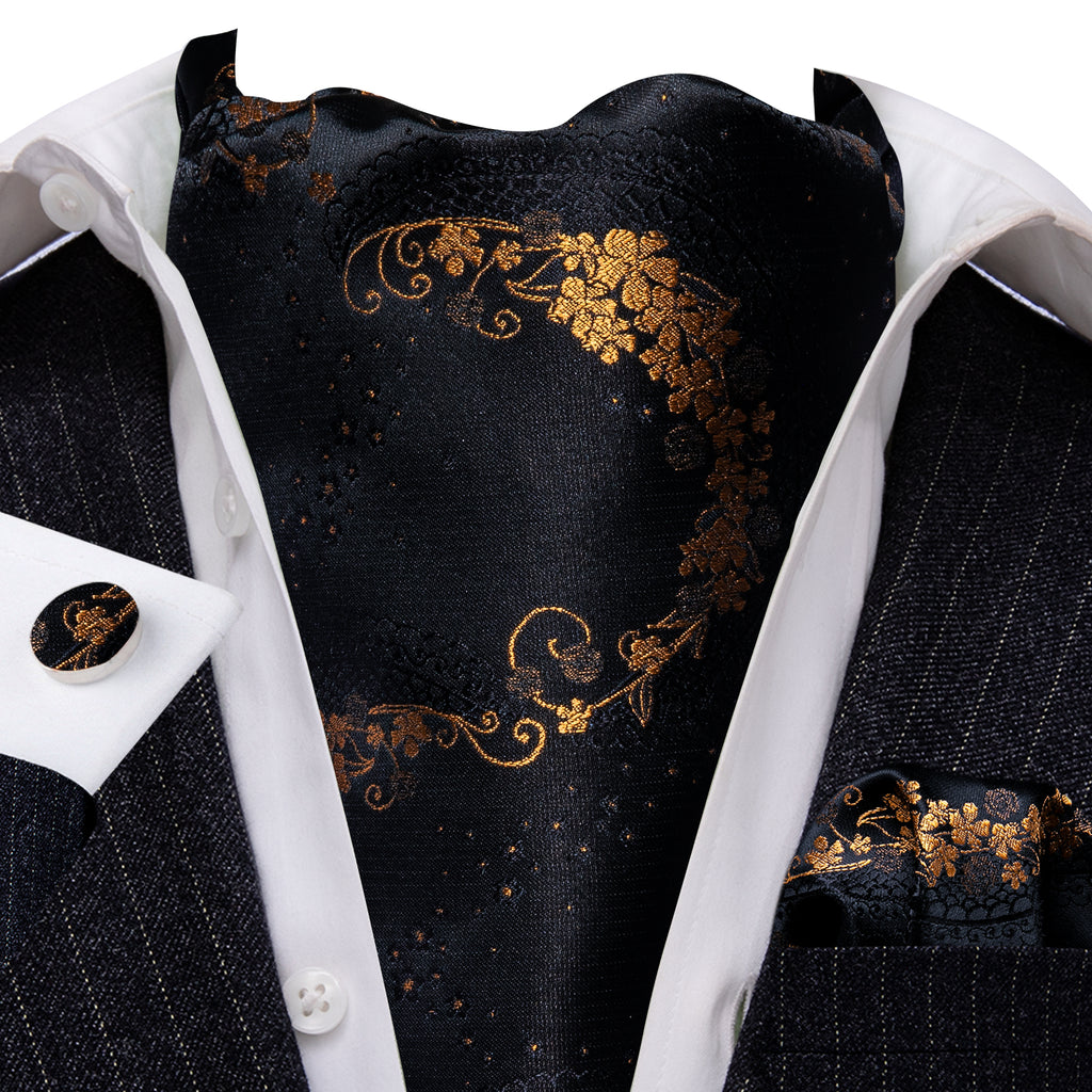 Black Gold Paisley Ascot, Pocket Square and Cufflinks ascot    - Sophisticated Gentlemen