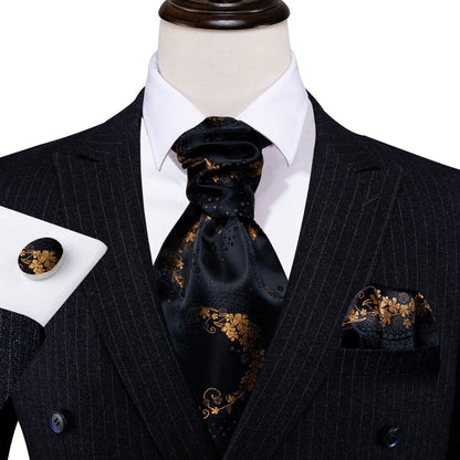 Black Gold Paisley Ascot, Pocket Square and Cufflinks ascot    - Sophisticated Gentlemen