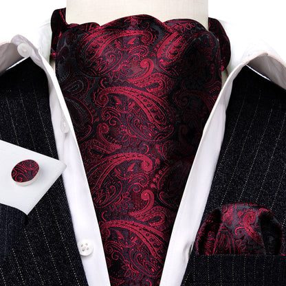 Black Red Paisley Ascot, Pocket Square and Cufflinks ascot    - Sophisticated Gentlemen
