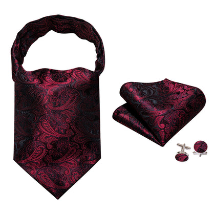 Black Red Paisley Ascot, Pocket Square and Cufflinks ascot    - Sophisticated Gentlemen