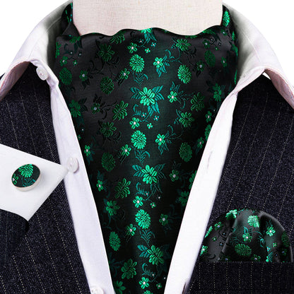 Green Black Flower Ascot, Pocket Square and Cufflinks ascot    - Sophisticated Gentlemen