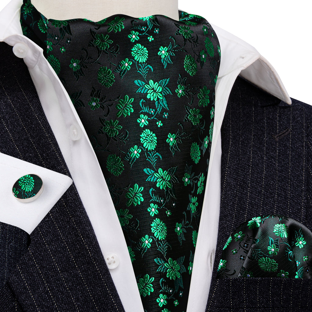 Green Black Flower Ascot, Pocket Square and Cufflinks ascot    - Sophisticated Gentlemen