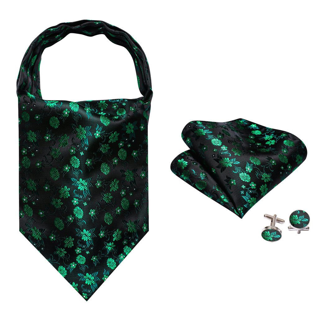Green Black Flower Ascot, Pocket Square and Cufflinks ascot    - Sophisticated Gentlemen