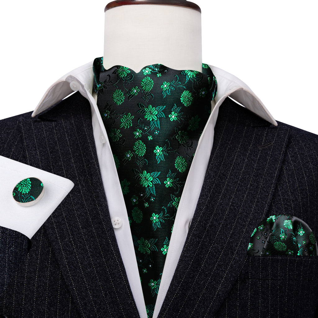 Green Black Flower Ascot, Pocket Square and Cufflinks ascot    - Sophisticated Gentlemen