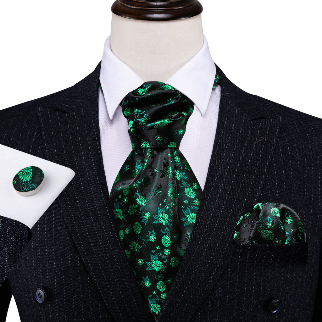Green Black Flower Ascot, Pocket Square and Cufflinks ascot    - Sophisticated Gentlemen
